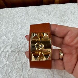 Macy's Gold Tone Studs & Ring Adjustable Whimsigoth Faux Leather Cuff Bracelet